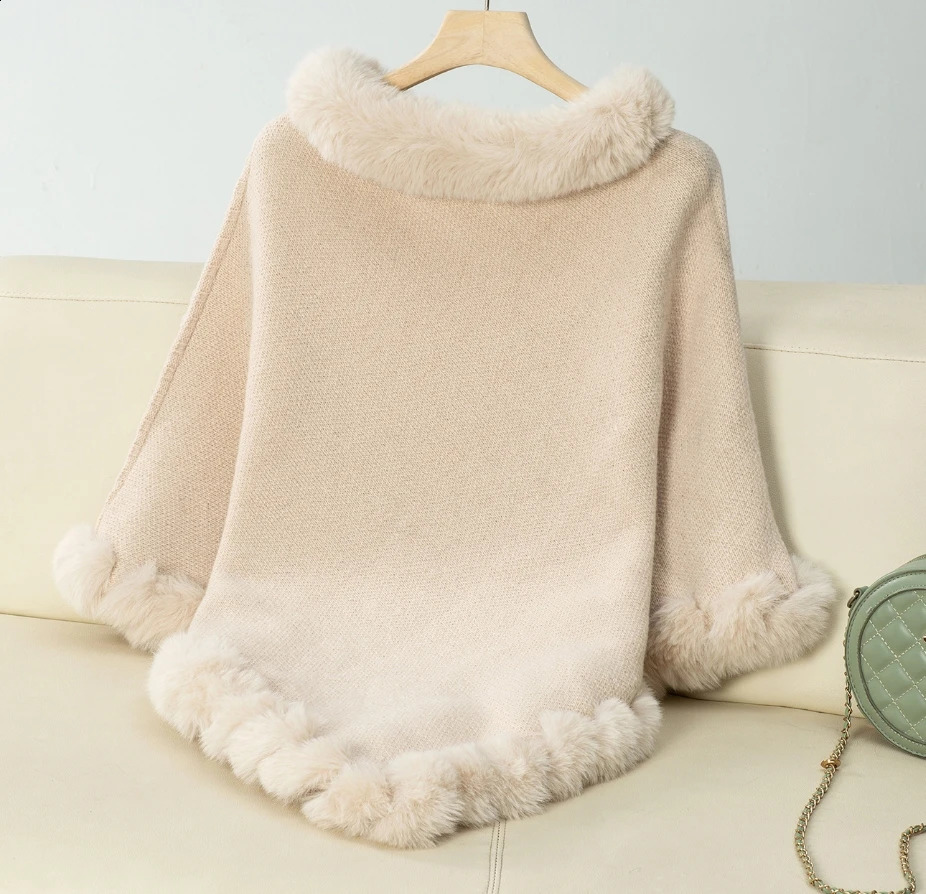 Fashion Cape Coat Women Autumn Winter Plaid Stripes Faux Fur Pullover Knit Loose Comfort Cloak Wraps Party Shawl Coat 250121