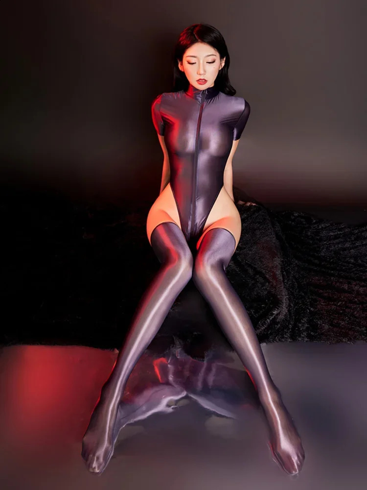 Sexy High Cut Bodysuit Sheer See Through Oil Glossy Shiny Elastic Tights Thong Stain Smooth Yoga Shaping Leotard With Stockings 250108