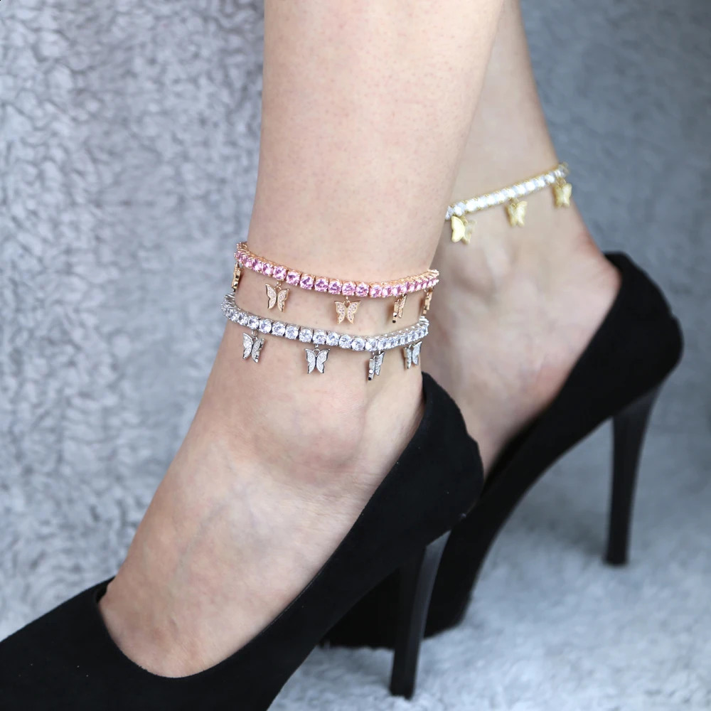 Golden Silver Pave 5A CZ Butterfly Pendant Ankle Ice Sparkle 5mm Tennis Chain Butterfly Ankle Hip Hop Womens Jewelry 250110