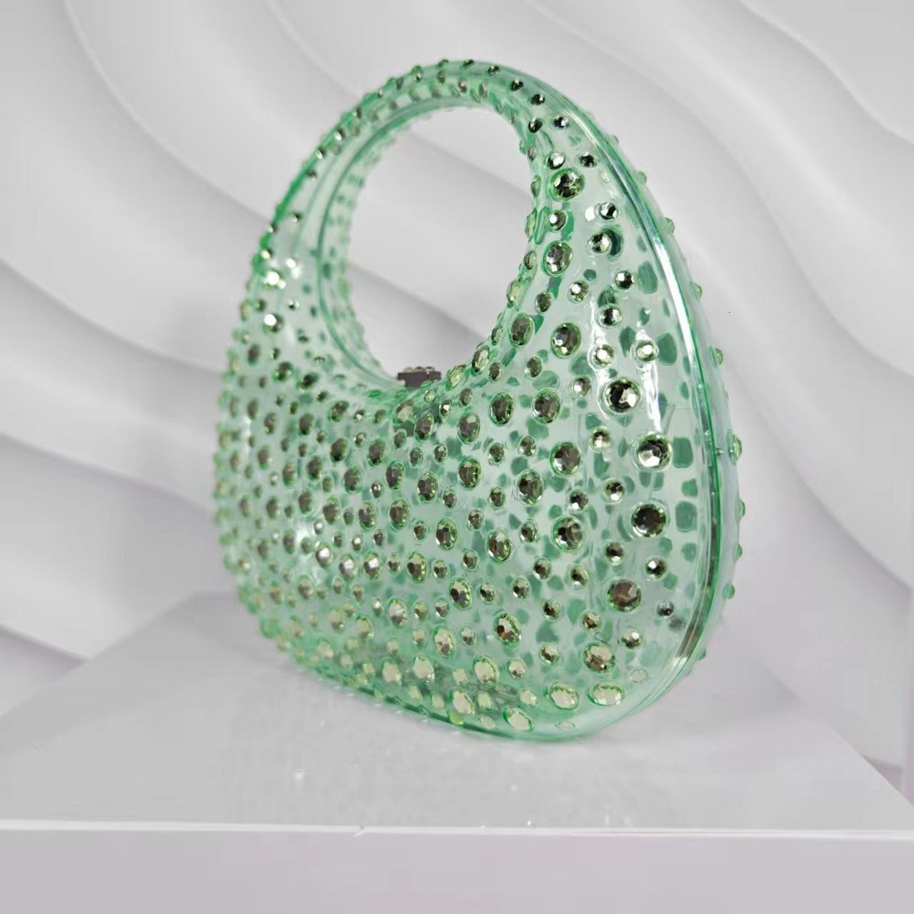 Ladies' Shiny Transparent Acrylic Box Bag With Studded Water Diamond Crescent Shaped Handbag For Dinner Party