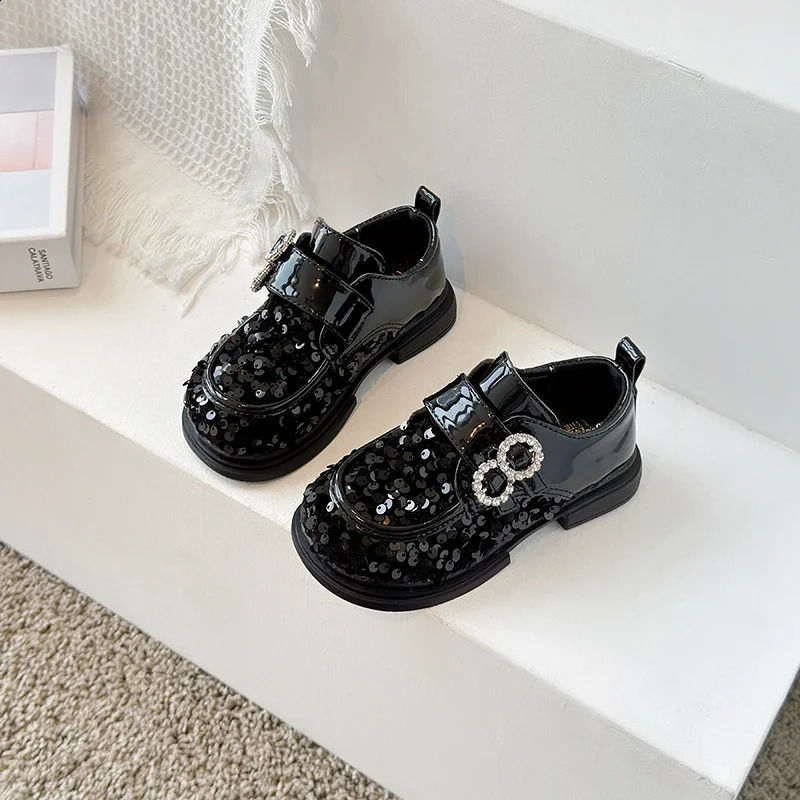 Jogerli Bling Fashion Leather Shoe For Kids Girls Sequined Black Silver Rubber Children School Dress Shoes For Party 250121