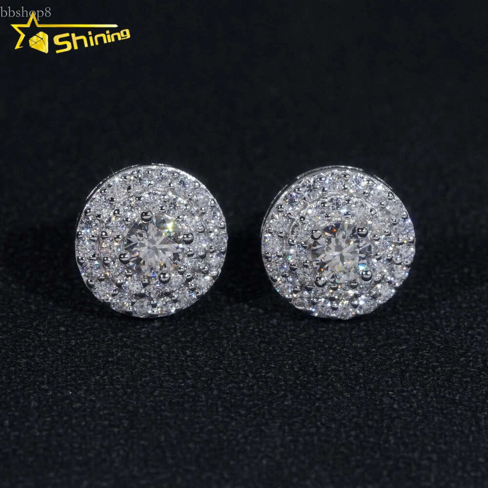 Pass Dia Tester Sterg Sier Round Cluster Iced Out Mens Moissanite Stud Earrings
