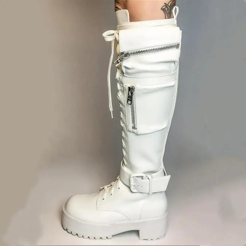 Knee High Boots Women Cool Goth Zipper Design Pocket Lace Up Chunky Heel Quality Shoes Woman Fashion Popualr Big Size 48 250117