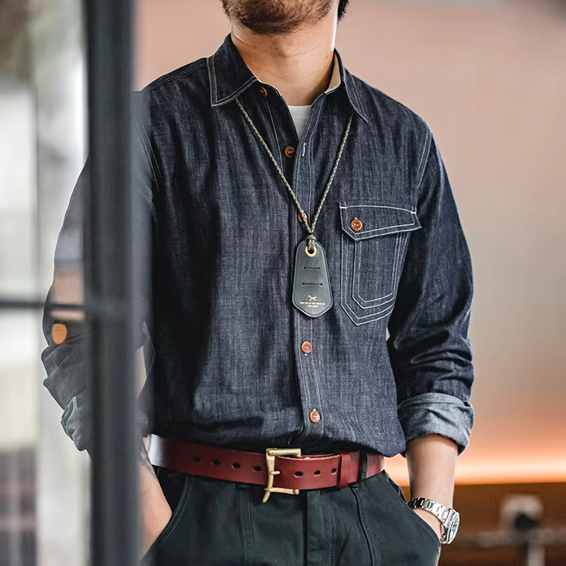 Maden Retro Thin Long-Sleeved Denim Shirts Single-Breasted Lapel Collar Design Cotton Men's Spring And Autumn Blouses