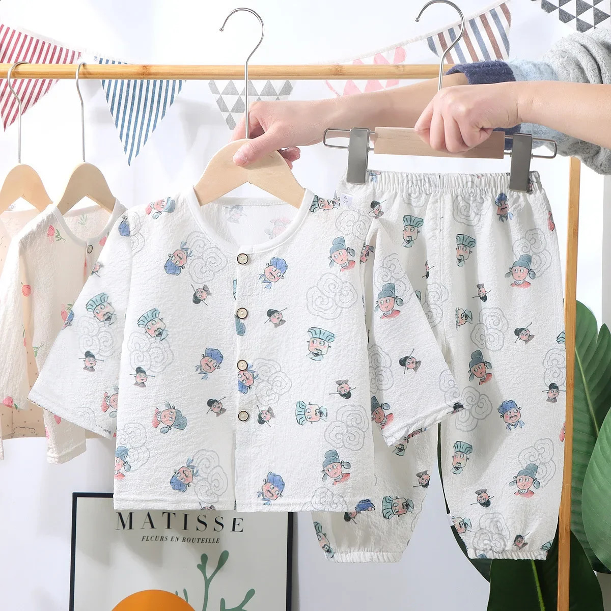 Kids Summer Thin Pajamas Sets Boys Girls Cartoon Long Sleeve Cotton Yarn Shirt Top Pants Toddler Baby Loungewear 250121