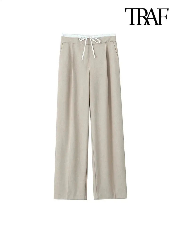 TRAFWomens Double Waistband Wide Leg Pants High Elastic Waist With Drawstring Side Pockets Female Trousers Chic Fashion 250120