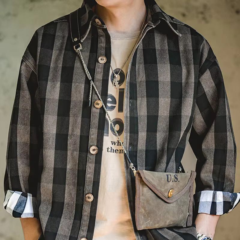Maden Haruku Plaid Men's Shirts Retro 360G Heavy High Quality Casual Single Breasted Loose Long-Sleeved Turn-Down Collar Shirt