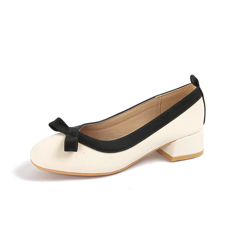 Ck & Leather Patchwork Pumps Women Elegant Work Shoes Bowtie Thick Heel Atos De Tacon Mujer 34-43 Plus Size Mules 2023