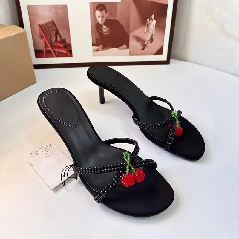 TRAF Cherry Decorate Black High Heel Slippers Women Round Head Open Toe Sgback Stilettos Sweet Pump Sandals Shoe For Woman