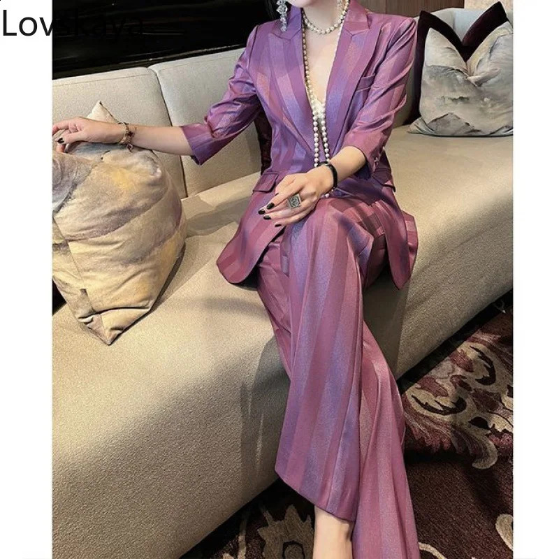 Purple striped suit jacket wide leg pants twopiece set for women professional formal attire summer waistband 250114