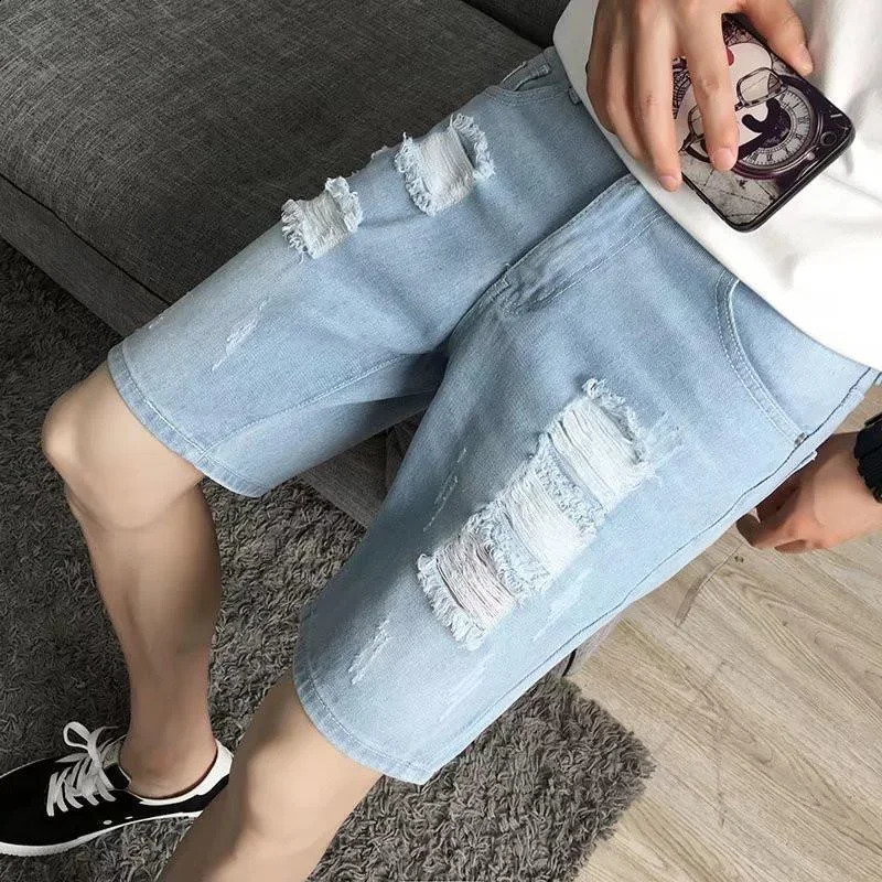 Male Denim Shorts Ripped with Text Mens Short Jeans Pants Multi Color Sale Retro Streetwear Stretch Jorts Vintage Xl Harajuku 250113