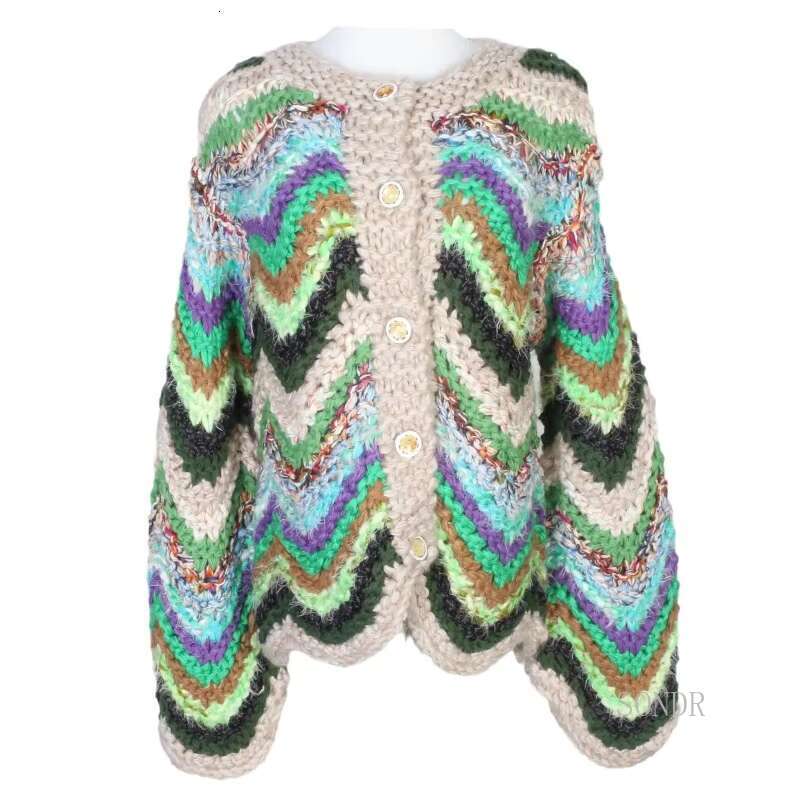 Wool Knitted Cardigan For Women, Hand Hook Striped Cardigan, Crew Neck, Long Sleeve Sweater, Fashion Coat, Autumn And Winter