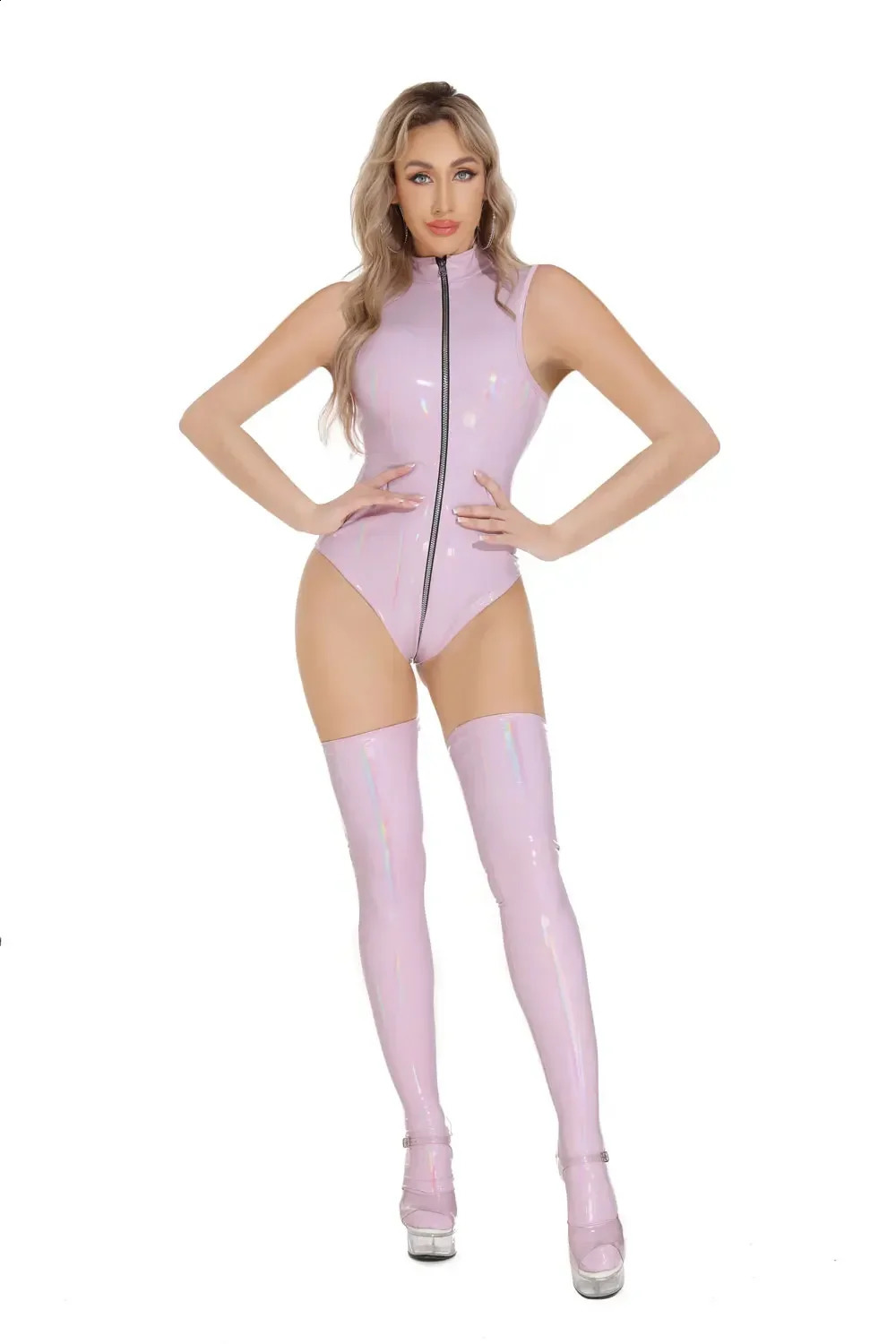 High Cut Thong Bodysuit Tops Front Zipper Open Sexy Faux Leather Sleeveless Tights Woman Clothing Night Club Leotard Shaper Wear 250108