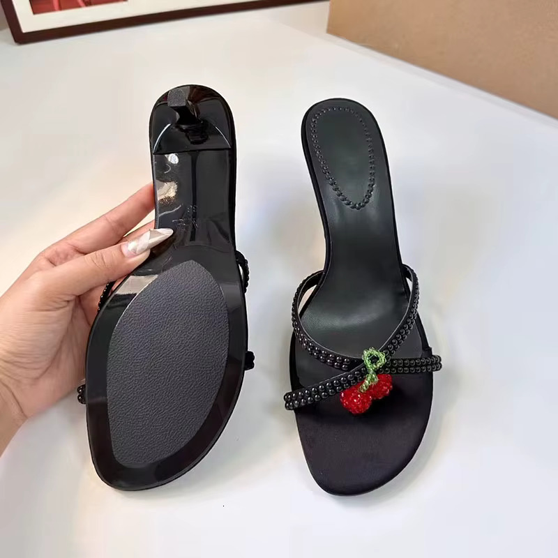 TRAF Cherry Decorate Black High Heel Slippers Women Round Head Open Toe Sgback Stilettos Sweet Pump Sandals Shoe For Woman