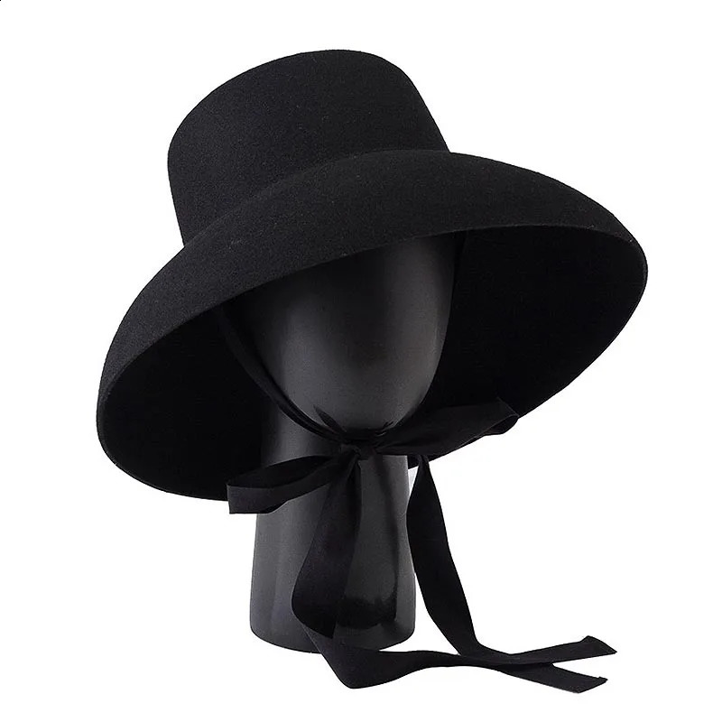 Retro Style Pure Wool Hat Wide Brim Winter Fedoras Women Ladies Band Lacing Cloche for Cocktail Wedding Party Church Stage 250118