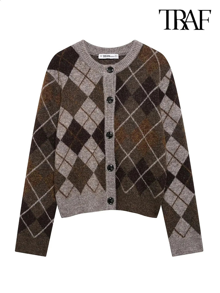 TRAF Womens Fashion 2024 fall and winter retro diamond plaid knitted cardigan chic long-sleeved single-breasted jacket 250118