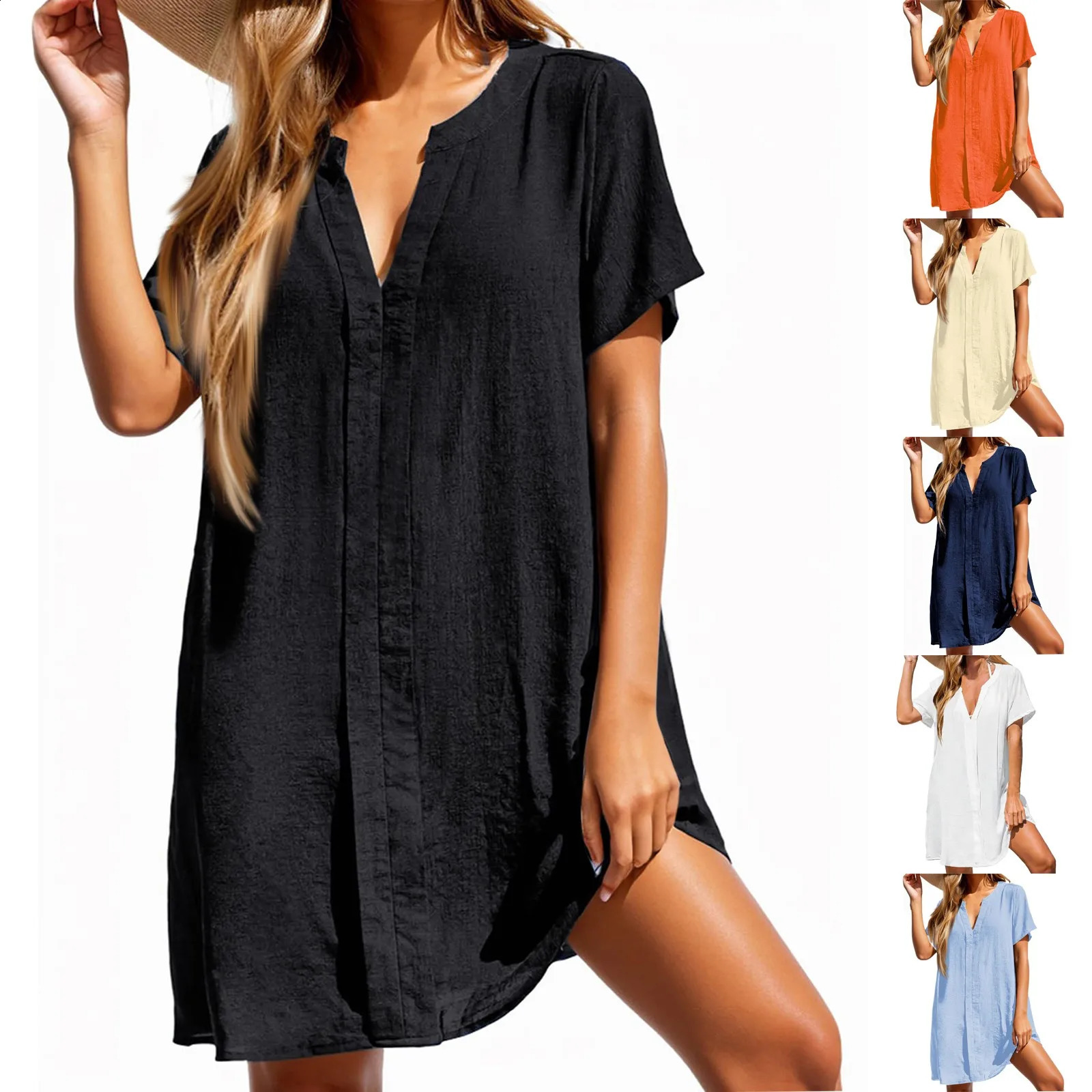 Womens Summer Casual VNeck Solid Color Short Sleeved Shirt Dress Beach Skirt Package Skirts Suits Female Lady Set 250122