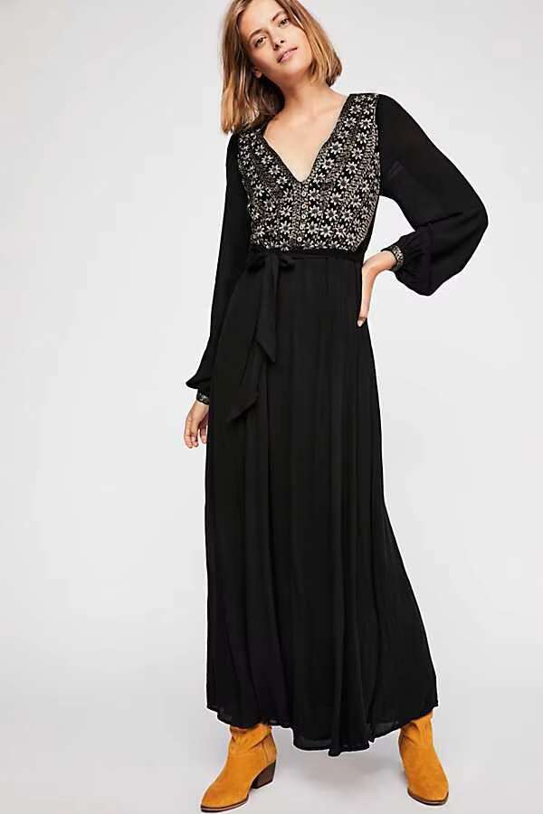 Bohemian Free Style Black Long-Sleeved Embroidery Maxi Cotton Open Back People Chic V Neck Beach Dress