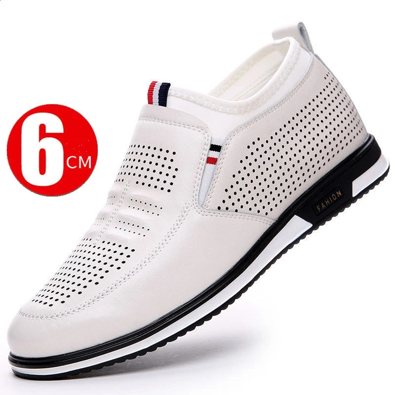 Men Hollow Breathable Cow Leather Casual Elevator Shoes Soft Comfortable Flat/6cm Hidden Heels Height Increase Sneakes Tall Shoe 250209