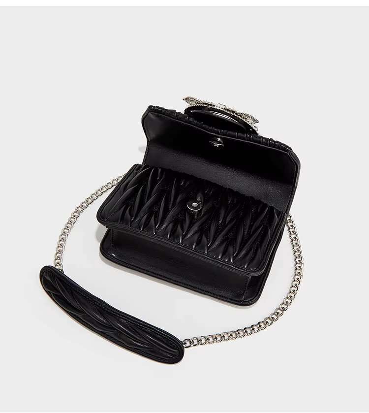 Fashion Pleated Textured Leather Square Women Handbag Lady Purse Crystal Shiny Dias Shoulder Underarm Crossbody Bag
