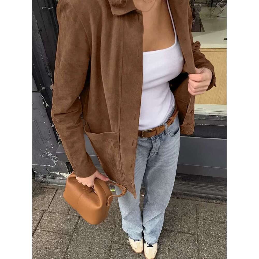 Autumn New Vintage Solid Suede Coat Women 2024 Button Up Long Sleeve Pockets Outerwear Streetwear Fashion Office Lady Jackets