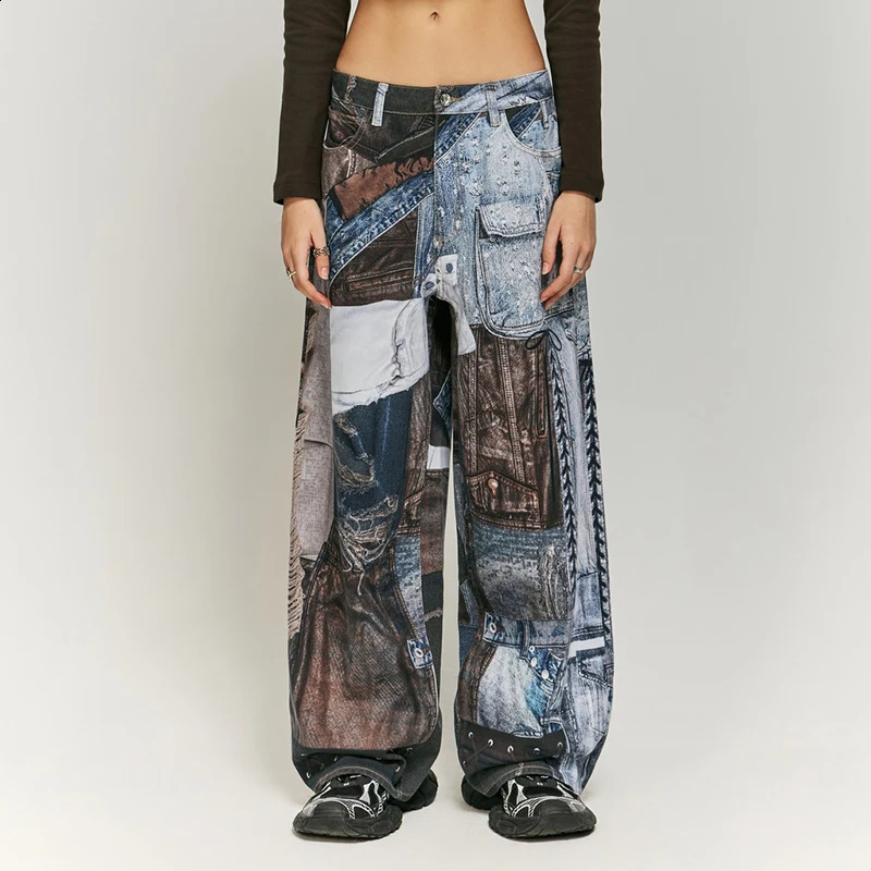 American Street Vintage Patchwork Digital Printed Jeans Male and Female Trendy Loose Wide Leg Fashion High-End Trousers 250120