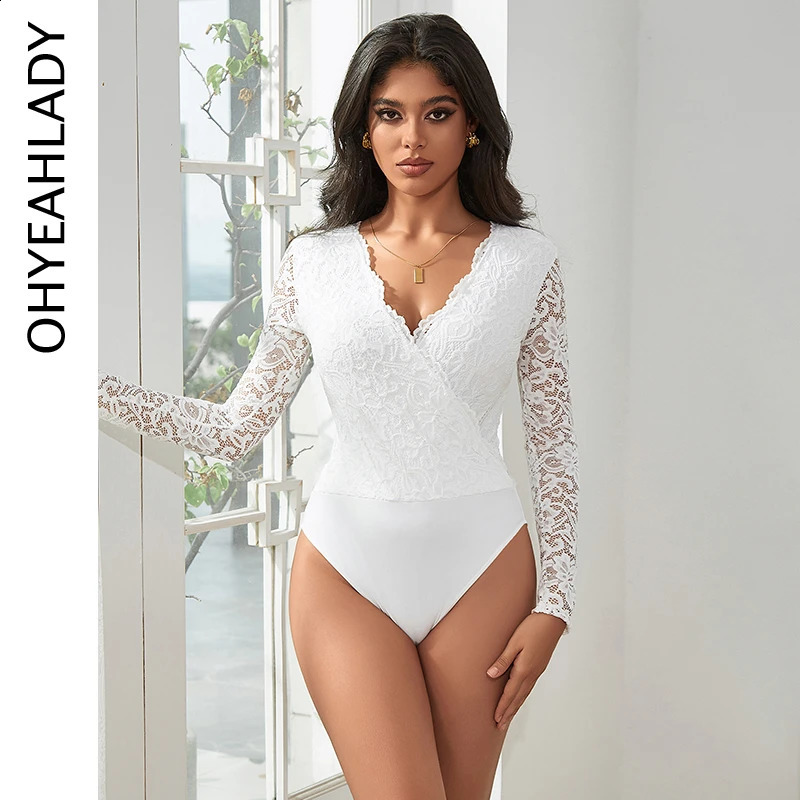 Ohyeahlady Women Solid White Floral Lace Bodysuit Long Sleeve Teddy Crotch Openable Jumpsuit Transparent Plus Size Sexy Lingerie 250108