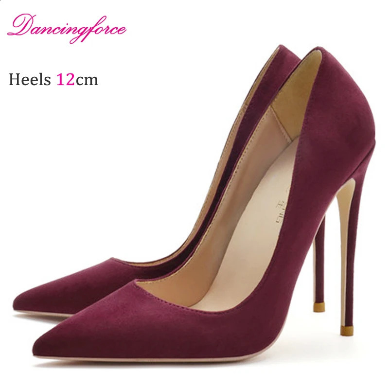 Classic Pointed Toe Wine Faux Suede 8 10 12CM Elegant Shallow Mouth Office Shoes Stiletto High Heels Women Pumps Plus Size 34-46 250118