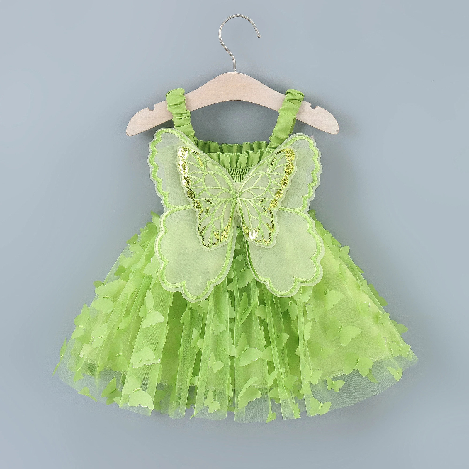 Girls Summer Dress With Large Butterfly Wings On The Back Drawstring Waist Mesh Colorful Princess Party 250116