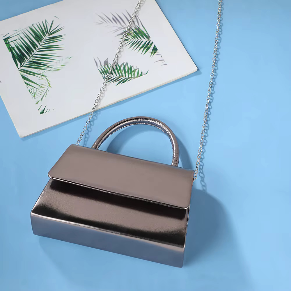 Gun Gray Leather Dinner Metal Chain Shoulder Banquet Party Travel Outing Tote Small Items Storage Bag