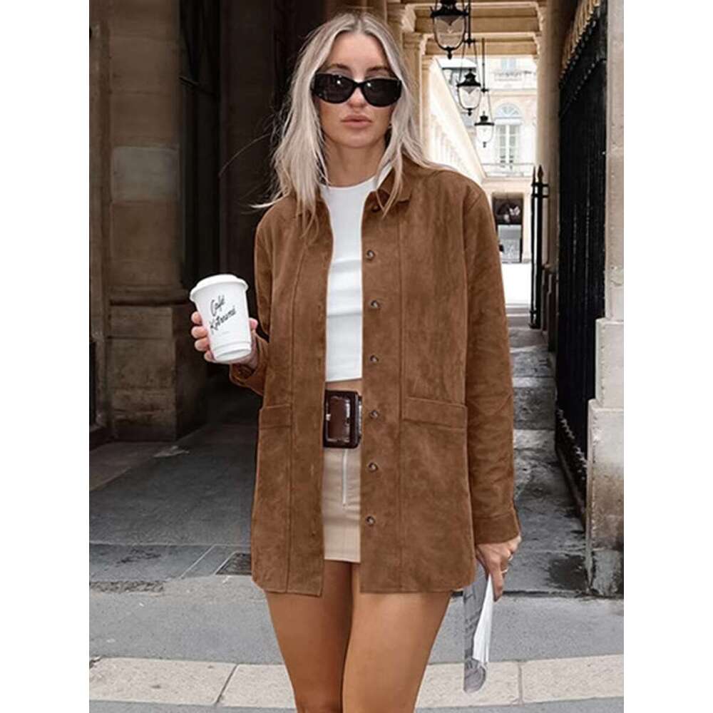 Autumn New Vintage Solid Suede Coat Women 2024 Button Up Long Sleeve Pockets Outerwear Streetwear Fashion Office Lady Jackets