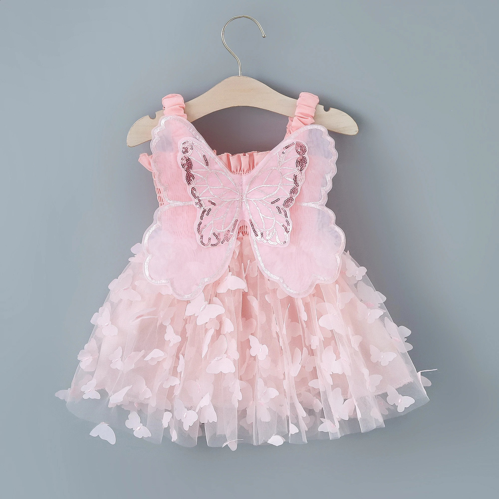 Girls Summer Dress With Large Butterfly Wings On The Back Drawstring Waist Mesh Colorful Princess Party 250116