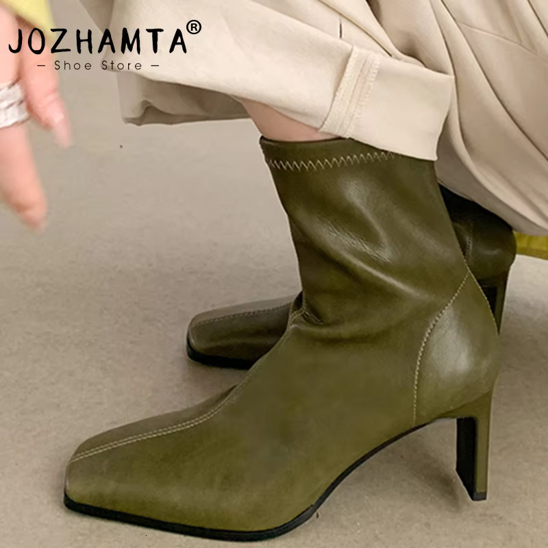 JOZHAMTA Size 34-40 Real Leather Ankle Boots For Women Stone Block High Heels Shoes Winter 2025 Ins Fashion Office Lady Dress