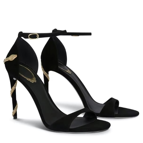 Summer Black Suede Gold Snake S Surround Heel One E Buckle Sandals Woman 7 10 CM High Heels Peep Toe Banquet Shoes Lady