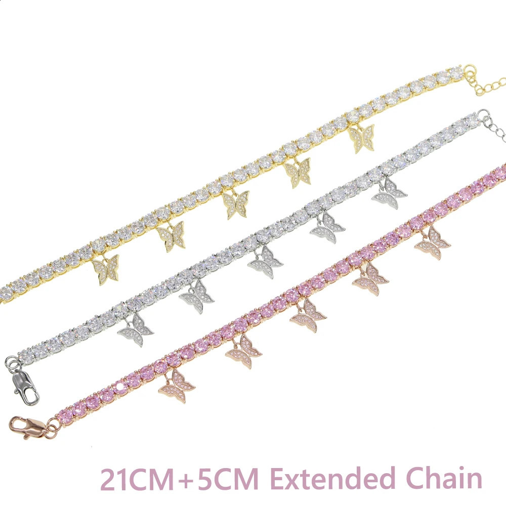 Golden Silver Pave 5A CZ Butterfly Pendant Ankle Ice Sparkle 5mm Tennis Chain Butterfly Ankle Hip Hop Womens Jewelry 250110