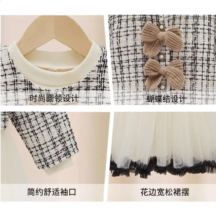 Spring Autumn 18Y Girl 2PCS Clothes Set Patchwork Bow Houndstooth Kid Coat Contrast Breathable Mesh Bubble Dress Suit 250116