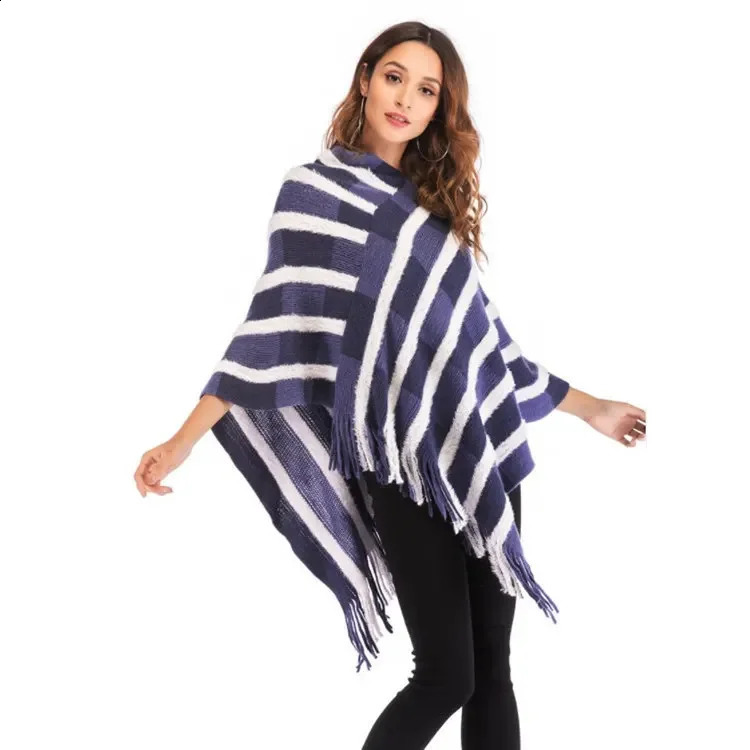 Autumn Winter Tassel Shawl Warm Stripe Pattern Warm Poncho Lady Capes Black Cloaks 250121