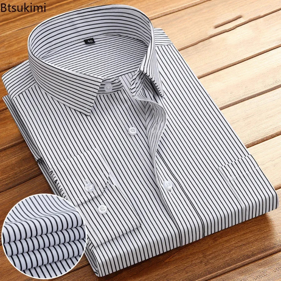 2025 Mens Long Sleeve Cotton Shirt Striped n Spring Autumn Business Formal Dress Shirts for Men Party Wedding Male 250122
