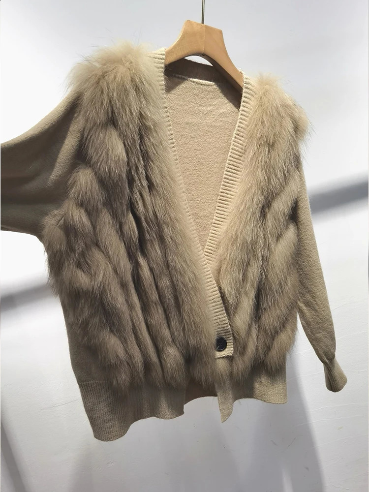 Women Spring Autumn Ladys Fashion Loose Cardigan Natural Real Fox Fur Knitted Oversize Coat Fox Fur Decoration Sweater 250117