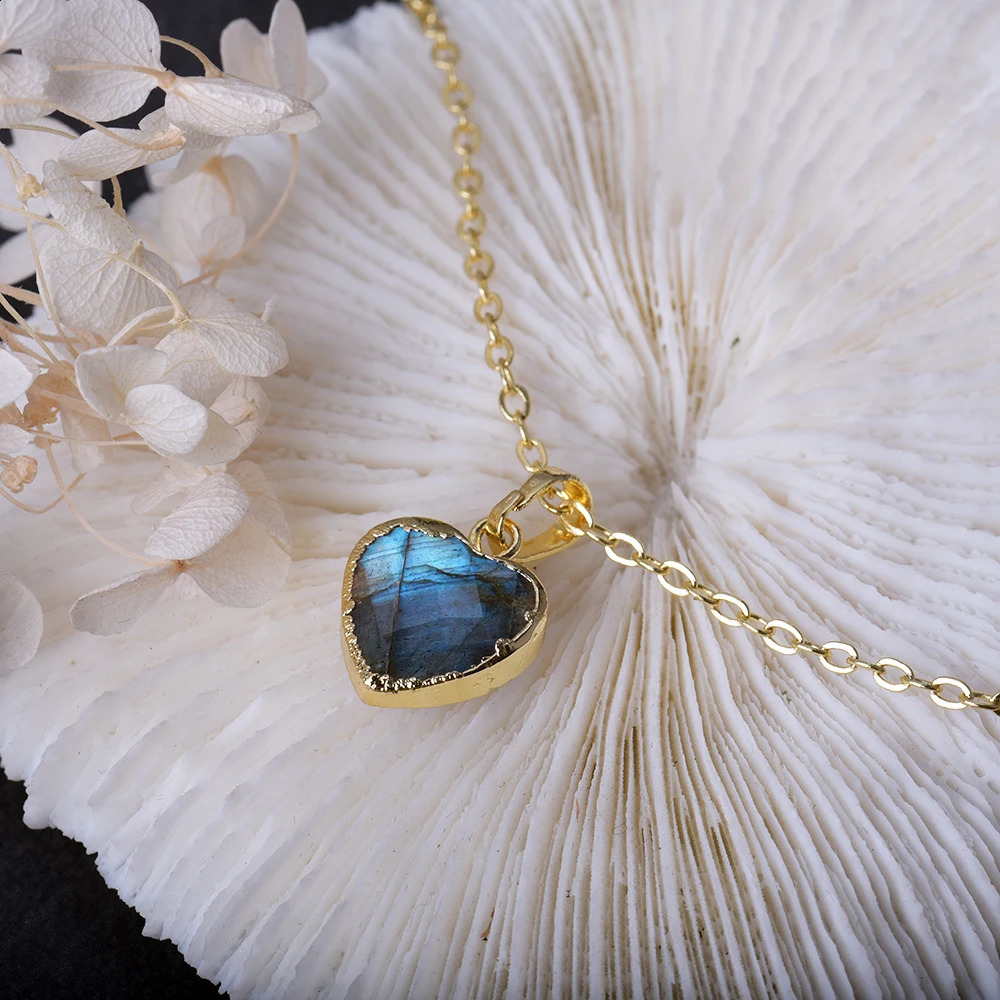 ITSMOS 14K-Gold Plated Heart Natural Labradorite Pendant Necklace Simple Blue Light Love Jewelry Necklace for Women Gift 250117
