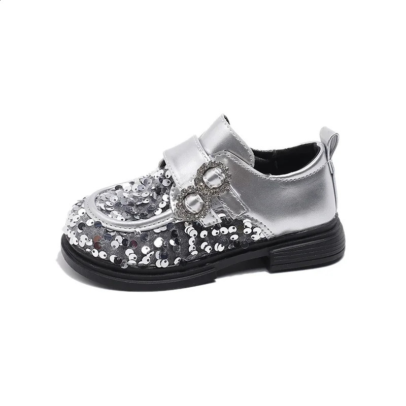 Jogerli Bling Fashion Leather Shoe For Kids Girls Sequined Black Silver Rubber Children School Dress Shoes For Party 250121