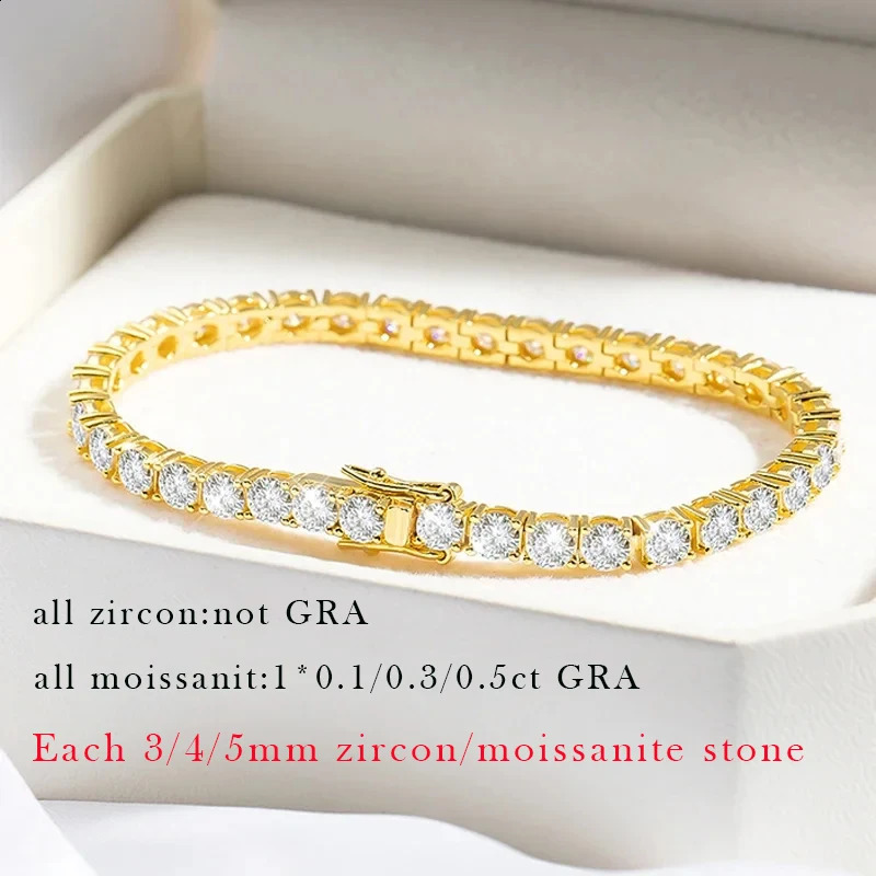 Smyoue 18k Gold Plated Tennis Bracelet for Women 3/4/5mm Classic S925 Sterling Silver Certified Bracelet for Men GRA 250121