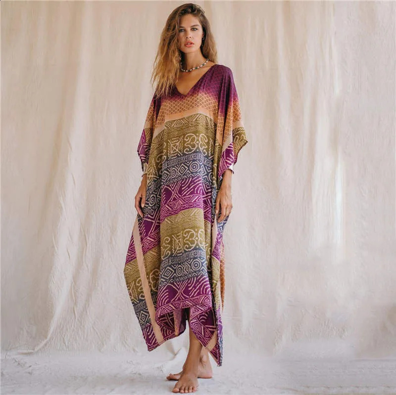 Plus Size Boho Cover Up Womens Tie Dye Heart Pattern Batwing Sleeve V Neck Maxi Beach 250122
