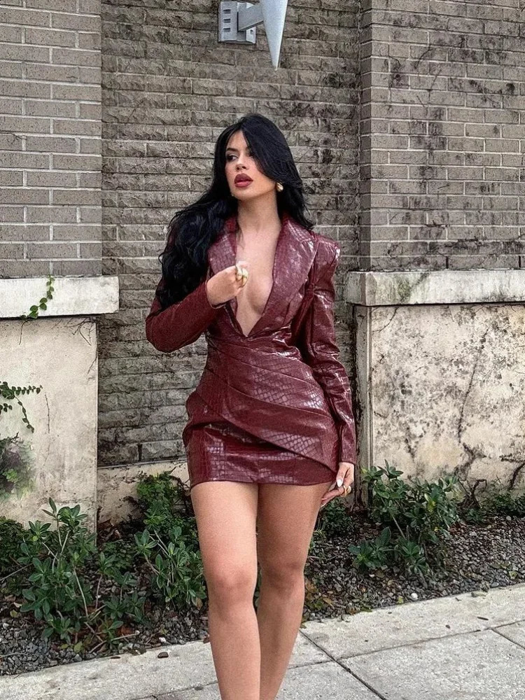 Autumn Burgundy sexy deep V-leather mini dress fashionable long sleeved high waisted foldable ultra-thin dress for womens Highstreet short skirt 25012