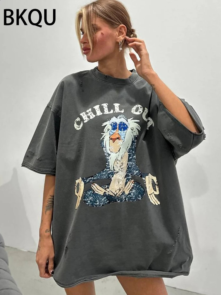BKQU Cartoon Graphic Printed T Shirt Women Ripped Half Sleeve O-neck Tee Shirts Letter Loose Oversized y2k Pullovers Streetwear 250118