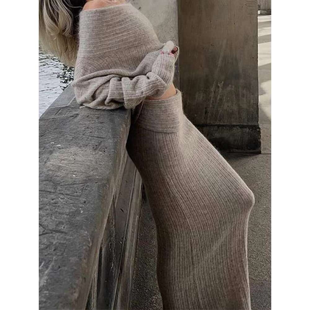 Solid Elegant Knitted 2 Piece Set Women Spring Autumn Off Shoulder Pullover Sweater+Long Skirts Sets Vintage Fashion Jumper Suit