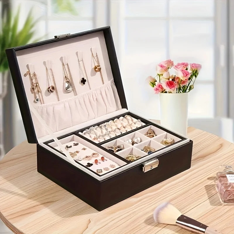 1pc Simple Double-layer Jewelry Storage Box For Ring Necklace Storage With Lock Decoration 250117