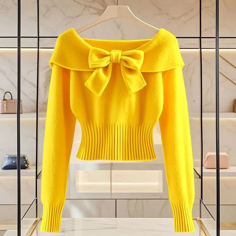Autumn Bow Sweet Knitted Top Womens Unique Chic Soft Slim Fit Cropped Long-sleeved Lady Sweater Pullover 250118