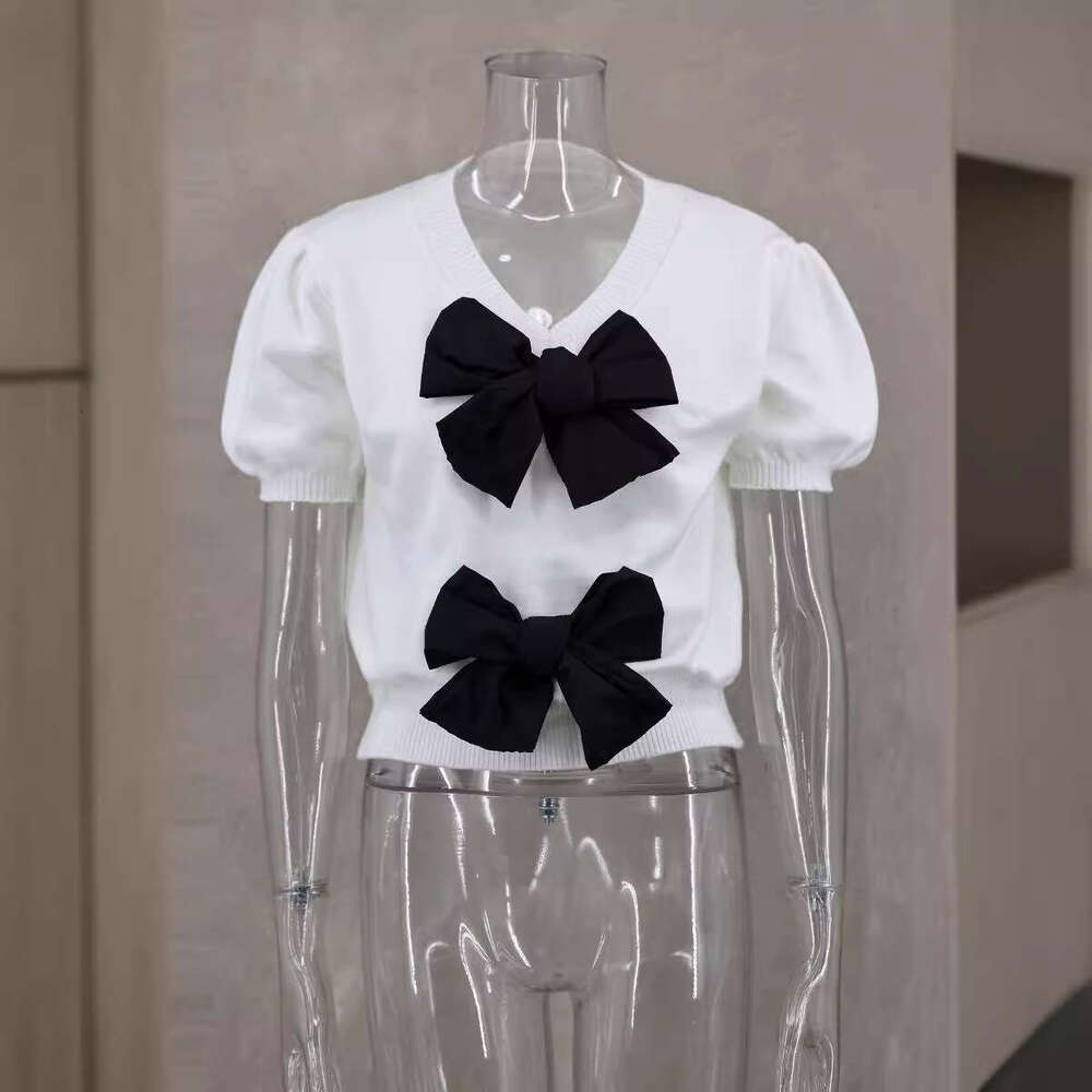 Women's Wear Dress Fresh And Sweet Niche Style Spring New Product V-Neck Short Sleeved Personalized Double Bow Solid Color Sweater For Women