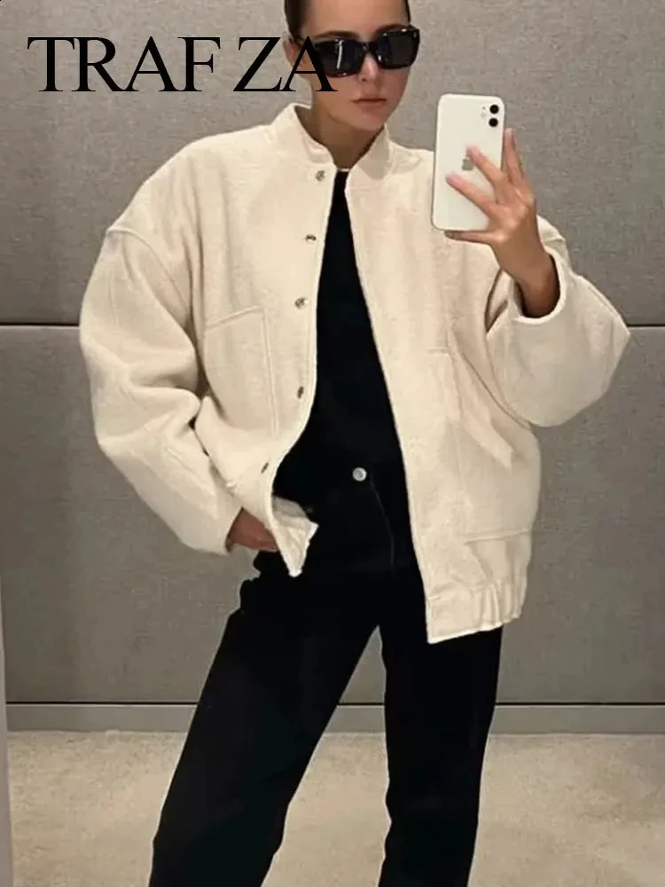 TRAFZA Women Solid Coat Long Sleeve Autumn Pocket Bomber Jacket Oversize Loose Streetwear Coats Button Casual Woman Outerwear 250114